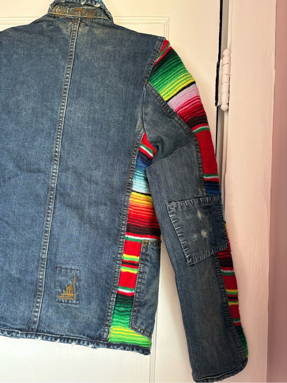 Free People ADL Serape Blanket Denim Mixed Media Patchwork Jacket Boho XS - Picture 8 of 8